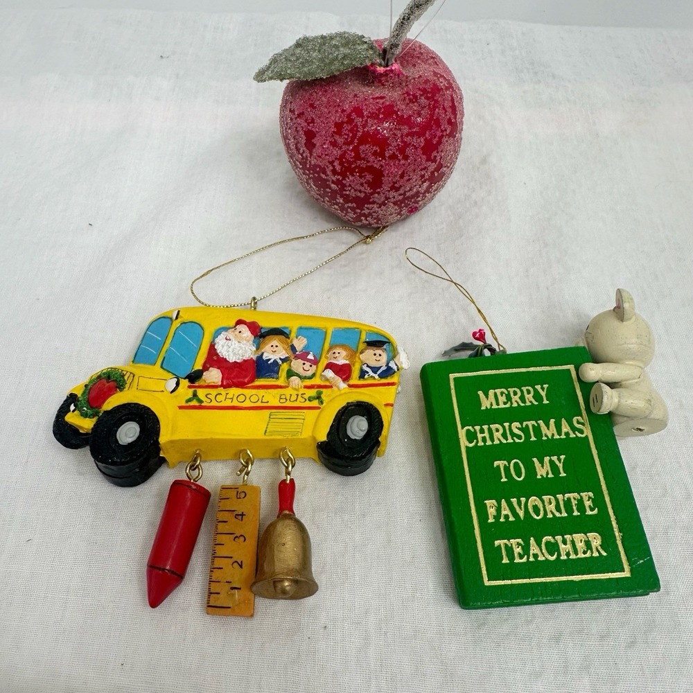 Vintage Lot Of 3 Teacher Appreciation Gift Christmas Ornaments Bus Santa Apple‎